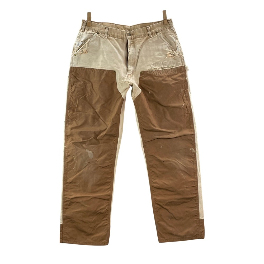 Carhartt Upland Pants Mens 37x32 Brown Tan Distressed Workwear Canvas Hunting